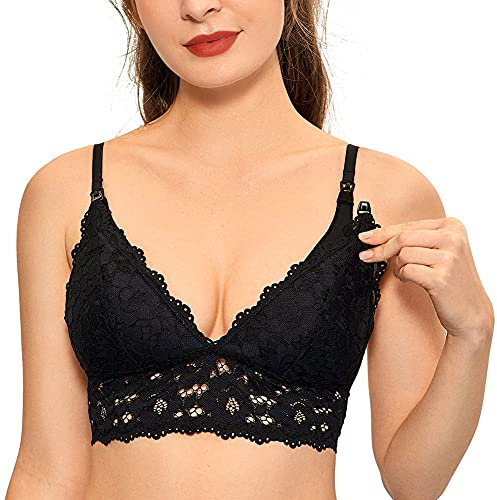 MOMANDA Women's Nursing Bras Lace Wireless Padded Maternity Bras Breastfeeding Bralette Black-A083 34D