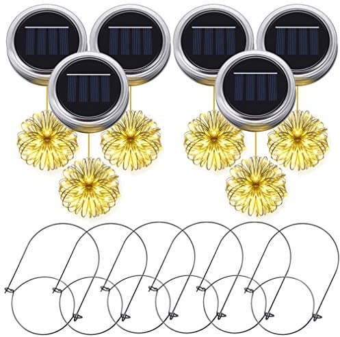 PChero 6pcs Hängen Wasserdichte Solar Einmachglas Deckel String Lichterketten mit 20 LEDs und Kleiderbügel, Ideal für Party, Weihnachten, Hochzeit, Patio Garden Decor (Warmweiß)