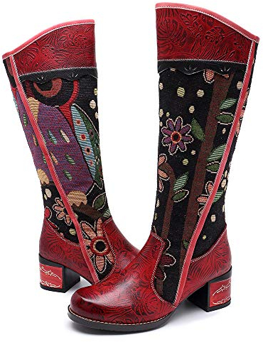 CrazycatZ Damen Hoch Leder Stiefel mit Absatz - Bunt Druck Chic Bequeme Outdoor Knee Flache Reißverschluss Langschaft Patchwork (38 EU, ROT B)