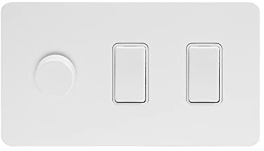 Soho Lighting White Metal Flat Plate 3 Gang Light Switch with 1 dimmer (2x 2 Way Switch & Trailing Dimmer) Screwless