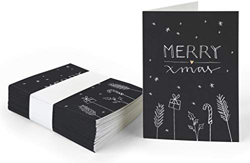 25 Geschenkanhänger merry xmas, Schwarz Weiß Beige, originelle mini Weihnachtskarten zum Weihnachtsgeschenke Beschriften, edel exklusiv individuell, A7 Recyclingpapier Klappkarten