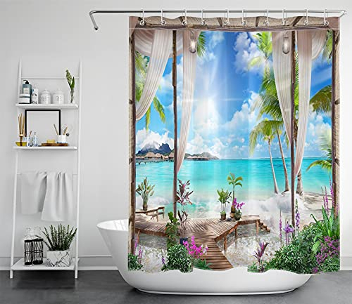 LB Strand Duschvorhang 120x175cm Tropische Insel Ozean Landschaft vom Balkon Bad Vorhang mit Haken Polyester Wasserdicht Antischimmel Badezimmer Vorhänge