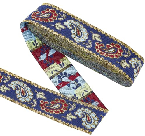 FINGERINSPIRE 7m 33mm Vintage Jacquardband Retro Blau Ethnischer Stil Stickerei Polyesterband Stoff Blumenmuster Trim für DIY Kleidung Accessoires Verzierung Dekorationen