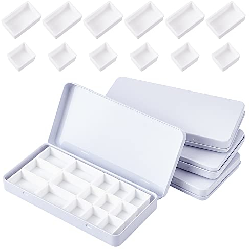 PandaHall 4PCS Kleine Leere Aquarellpalettendose Mit 24 halben Pfannen Und 12 vollen Pfannen, Reise-Aquarell-Kasten-Metall-Farbkasten Für Künstlerstudenten, Weiß, 6.4x12.3x1.3 cm / 2.5X4.5X0.5