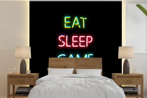 MuchoWow Papier peint Gaming - Led - Quote - Eat sleep game repeat - Gaming Papier peint photo 350x350 cm Papier peint imprimé