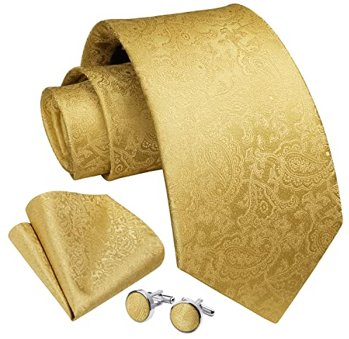 Enlision Herren Krawatte Seide Krawatte für Männer Krawatten & Einstecktuch Manschettenknöpfe Set Gelb Gold