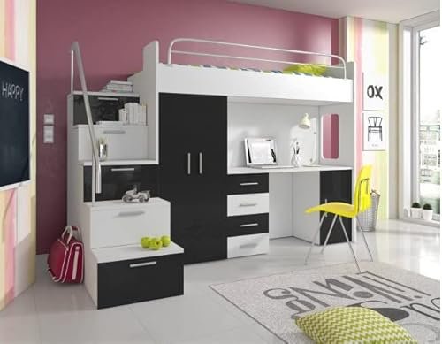 Hochglanz Hochbett mit Schreibtisch TOMI 4S - Schrank und Regal in den Treppen (Weiß + Schwarz Glanz, Mit Matraze und Matrazenrahmen)