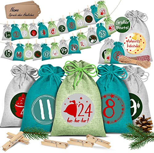 KESSER® Adventskalender zum Befüllen 24 Jutebeutel 16 x 12 cm Gedruckte Stoffbeutel Kinder Weihnachtskalender zum Selber Befüllen Inkl.. 24x Schildchen + 1 Großer Aufbewahrungsbeutel Stoff
