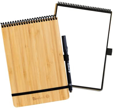 BAMBOOK Notepad - Bambus-Holz Hardcover - A5 - Blanko, Wiederverwendbares Notizbuch, Notizblock, Reusable Notebook