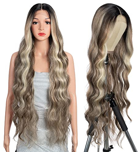 Style Icon Lange Wellig Perücke Highlight Synthetische Lace Front Perücke für Damen 91 cm Super lange Körperwellenperücke mit Babyhaar 13x5x1 Mittelscheitel Spitze Hitzebeständige Faser 150% Dichte