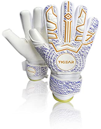 TIGEAR Torwarthandschuhe für Erwachsene der Spark Serie mit strapazierfähigem deutschen Latex, Stoßdämpfung Polsterung & abnehmbaren Fingerstäben für Sicherheit (Gold, Small - 8)
