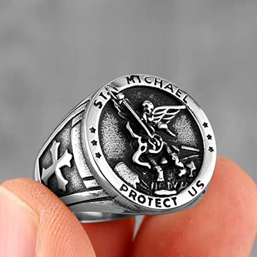 XJruixi Archangel Saint Michael Exorcism Stainless Steel Mens Rings Punk Amulet for Male Boyfriend Jewelry Creativity Gift Wholesale