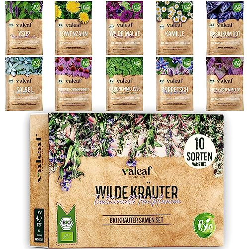 valeaf BIO Wildkräuter Samen Set I 10 Sorten Kräuter Saatgut aus biologischem Anbau I Bio Kräutersamen Set I Heilkräuter Samen, Teekräuter, Biokräuter, Gewürz I für Balkon, Garten u. Hochbeet