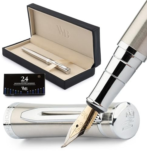 Wordsworth & Black Füllfederhalter-Set, gebogene Spitze, inklusive 24 Tintenpatronen, Kolbenkonverter und Geschenkbox, verchromt, Kalligraphie, versilbertes Chrom