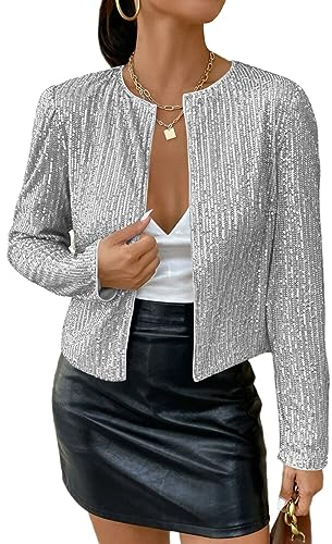 shownicer Damen Glänzend Pailletten Blazer Jacke Langarm Cardigan Tops Kurz Oberteile Eleganter Blazer Glitzer Clubwear Outfits Party Tops A Silber M