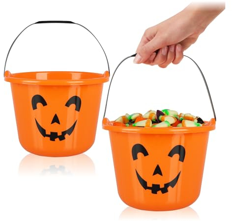 COM-FOUR® 2x Secchi di Zucca di Halloween - Secchi di plastica con design a zucca per la raccolta di dolci - Borsa di raccolta con manico per Halloween