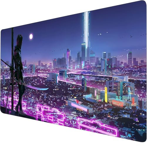 Imegny Cyberpunk Neon City Desk Mat,Anime Mouse Pad Gaming Mouse Mat Desk Pad,35.4 x 15.7 Large Mouse Pads for Desk,Extended Keyboard Mousepad with Non-Slip (90x40 cyberpunkdaoke)