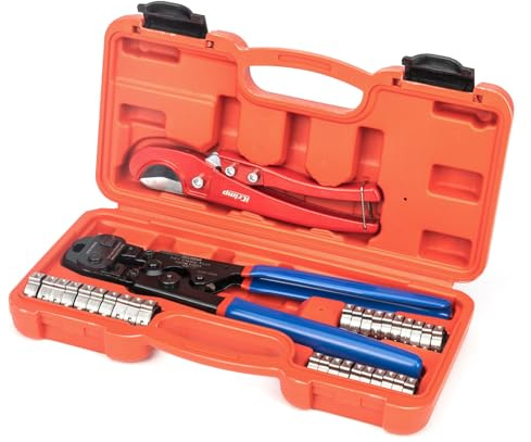 iCrimp PEX Clamp Tool Kit for 3/8-in, 1/2-in, 3/4-in, 1-in PEX Clamp Cinch & Removal, c/w 1/2''(20 Pack) and 3/4''(10 Pack) PEX Clamp Rings, PEX Tubing Cutter
