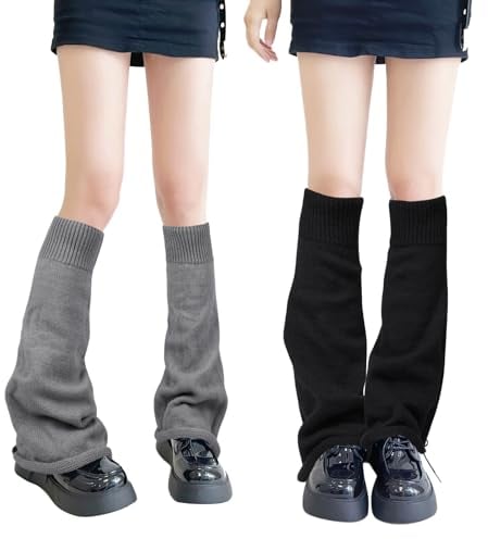 QKURT 2 Pairs Long Leg Warmers, Knitted Winter Thermal Legwarmers Punk Knee High Stockings Boots Cuff Warmer for Women,Girls
