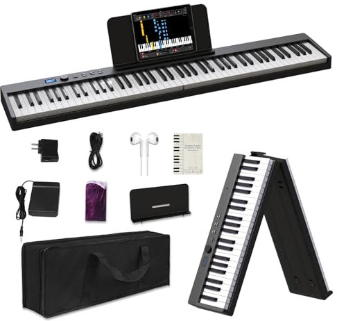 Posten Folding Piano Keyboard 88 Key, Semi-Weighted Portable Piano Keyboard Support Bluetooth & USB MIDI, Foldable Travel Keyboard Piano with Dust Cloth & Headphones for Beginner and Adults (Black)