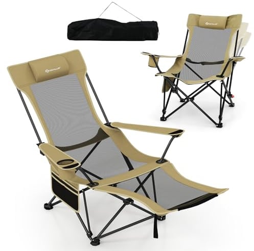 GOPLUS Campingstuhl mit Abnehmbarer Fußablage, Angelstuhl mit Liegefunktion & Verstellbarer Rückenlehne, Liegestuhl mit Kopfstütze & Getränkehalter, Klappstuhl für Camping Angeln Picknick, Khaki