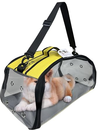 EVE Textile Hunde Tragetasche | Katzen Tragetasche | Hundetasche | Katzentasche | Hunde Umhängetasche | Katzen Umhängetasche | Atmungsaktive Tasche | Transparente Handtasche | 47x30x30 cm (Gelb)