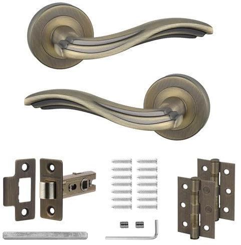 Decoranddecor Antique Brass Door Handles – Aluminium Vintage Door Handles Sets for Wooden Interior Doors | Internal Door Handles with Mortice Latch and Hinge | Solace Range