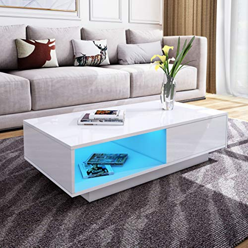 Generisch Moderner Couchtisch Weiß Hochglanz Kaffee Tee Tisch mit 1 Aufbewahrungs Schublade Mitteltisch mit LED Licht Set für Wohnzimmermöbel, CT06-WH-LED0.5M