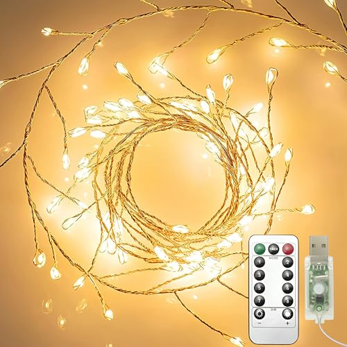 Clearhill 2Pack USB Fairy Lights with Remote Control, 20ft/6M 200LED Warm Firecracker Cluster Lights, 8 Modes, Waterproof Copper Wire String Lights for Bedroom, Wedding, DIY, Garden Decor