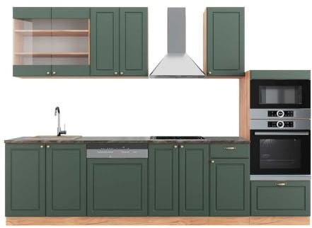 Vicco Küchenzeile Fame-Line, Grün-Gold Landhaus/Goldkraft Eiche, 300 cm | 8 Module · Höhenverstellbare Füße · Arbeitsplatte Anthrazit · MDF-Fronten · Softclose · Metallgriffe