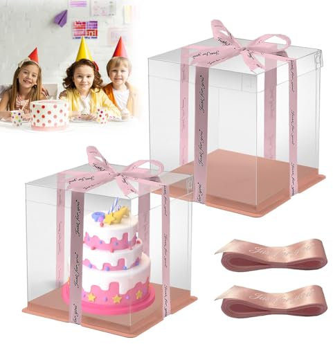 Senchinner 2 Stück Geschenkbox Durchsichtig Für Kuchen 2er Set Mit Schleifenband Und Sockel, Tortenbox Transparent 30x30x25 cm, Kuchen Transportbox Rechteckig, Kuchenbox Transparent FüR 10 Zoll Kuchen