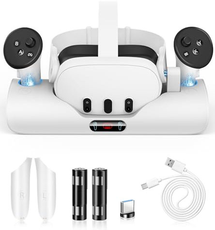 Station de charge rapide pour Oculus Meta Quest 3, station de charge magnétique pour Quest 3 avec indicateur LED, comprend 2 piles rechargeables de 1800 mAh pour les manettes Meta 3 et casque