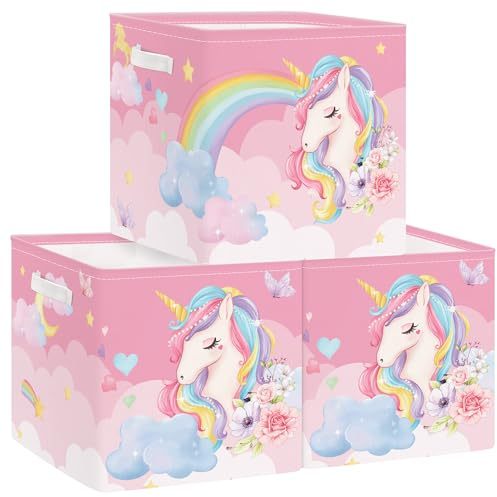 Clastyle Pink Unicorn Kid Storage Cube Organizer Set Rainbow Closet Clothes Cube Storage Bin Nursery Toddler Toy Box Chest Baby Girls Book Shelf Basket, Cloud, 11.8x11.8x11.8 in