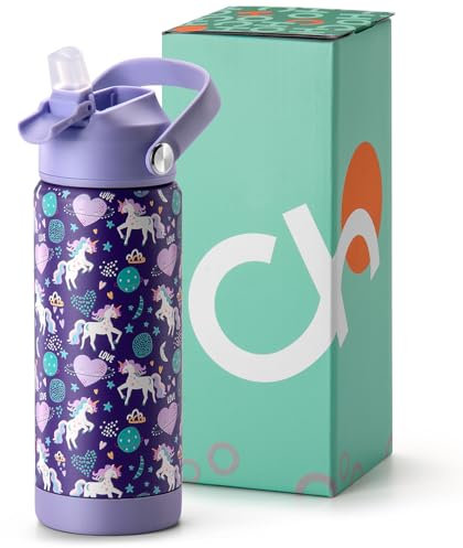 Choco Mocha Girls Water Bottle Kids Stainless Steel Water Bottle Metal Water Bottle with Straw Leak Proof Insulated Bottle for School BPA Free Double Wall 14/18 Oz,Purple-Unicorn