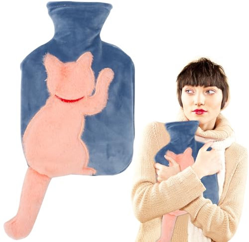 Yuragim Wärmflasche mit Weichem Bezug, 1L Bettflasche mit Bezug, Lustige Wärmeflasche Katze mit Schwanz, Weihnachten Geschenk für Frauen, Hot Water Bottle Beste Geschenk für Kinder & Erwachsene