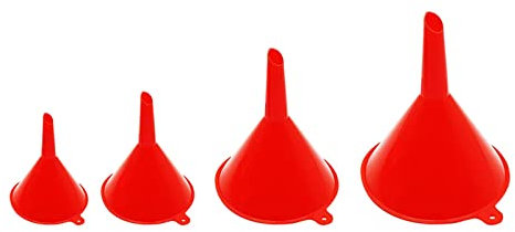 Kleiner roter Kunststofftrichter 4-teiliges Set einfacher tragbarer Haushaltstrichter Öltrichter Küchensiebe Edelstahl Feinmaschig (Red, One Size)