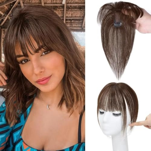Pony Haarteil, Haarteile Echthaar, Echthaar Clip in Bangs, One Piece Clip in Pony, Extensions Natürliche Bangs, Pony Extension Echthaar für Damen, B, dunkelbraun