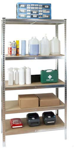 TekBox 5 Tier Boltless Metal Garage Shelves (1, Silver) | Steel frame, MDF shelf panels, Can be used in variety of layouts, Max load capacity of 175kg per shelf