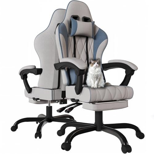 Devoko Gaming Stuhl Stoff, Ergonomischer Bürostuhl mit Massager. Gaming Chair mit Federpolsterung, mit Kopfstütze, Fußstütze, Höhenverstellbar. Gamer Stuhl 150 kg belastbarkeit. Blau/Hellgrau