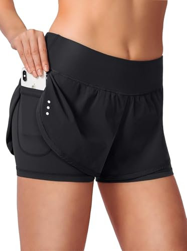 Blooshow Sport Shorts Damen Sommer Sporthose Damen Kurz Hose 2 in 1 Laufshorts Schnelltrocknend Running Gym Training Fitness Yoga Jogging Shorts mit Taschen (Schwarz, XS)