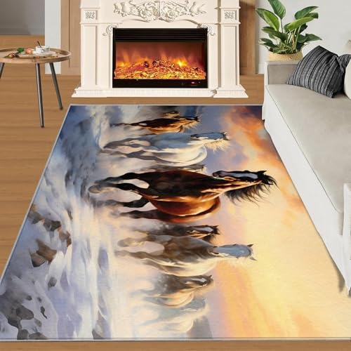 Galoppierender Pferdeteppich, schmutzabweisend, für Schlafzimmer, schönes Pferd, waschbar, Grau, Himmel, Sand, rutschfest, für Wohnzimmer, 100 x 150 cm