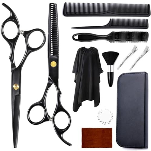 12 Stück Friseurscheren Set mit Friseurumhang, Kamm, Professionelle Haarschneideschere, Effilierschere Haarschere für Familie, Friseursalon, Profi Haarschneideset für Damen, Herren und Kinder(Schwarz)