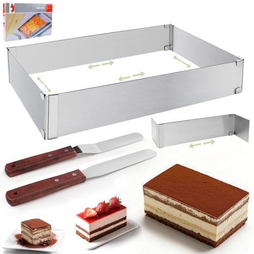 KOUHA Backrahmen Rechteckig Verstellbar Backrahmen Eckig Tortenring Verstellbar für Backblech mit Teiler Spatel für Kuchen Torten Pizza Backen Back Zubehör 18x27 bis 34x52cm