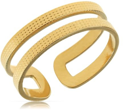 Made by Nami Breiter Goldener Boho Edelstahl Ring mit Fächer Muster Geschenk Damen Schmuck Größenverstellbar & Wasserfest (Doppelsträngig)