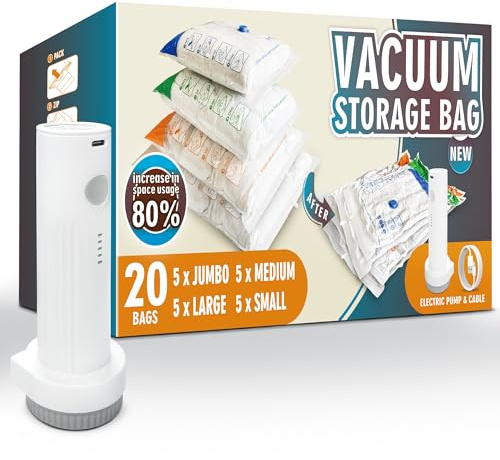 STORAGE MASTER Space Saver Bags for Travel and Home Reusable, 20 Pack Vacuum Storage Bags Save 80% More Storage Space, with Electric Air Pump