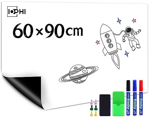 Whiteboard Magnetisch Folie 90 x 60 cm, Magnetfolie Selbstklebend Stark Abwischbare Magnet-Tafel Weiß, Inklusive Whiteboard Marker & SchwammMagnetes, Gelten Büro, Magnetisch Folie Tafelfolie