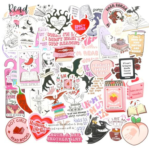 Aesthetic Book Stickers 52 Pcs, Funny Scrapbook Stickers, Cartoon Waterproof Reading Sticker, Hot Cute Vinyl Sticker for Laptop Water Bottle Scrapbook Notebook