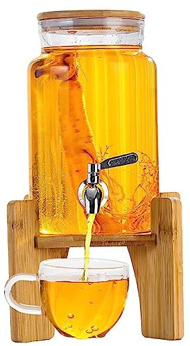 PZOFERLIN Wasserspender aus Glas mit Zapfhahn Getränkespender aus Glas mit Holzdeckel und Edelstahlzapfhahn, 2 l/3 l/4 l, Borosilikat, transparent(3l)