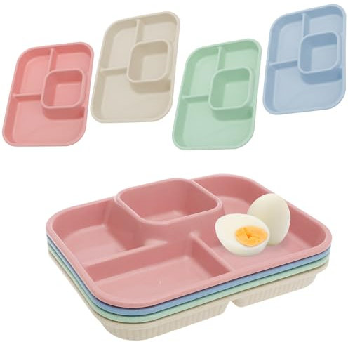 8 Pcs Plastic Divided Plate Reusable Divided Dinner Plate with 4 Compartments for Kids and Adults Microwave and Dishwasher Safe23(Beige Green Pink Blue,8)