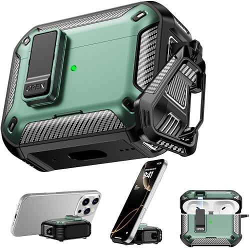 RFUNGUANGO AirPods Pro 2 Hülle, MagSafe Reinigungsset Handyhalter, Grün | Kompatibel mit AirPods Pro 1/2, magnetische MagSafe-Ladung, stoßfest staubdicht Schutzhülle mit Reinigungsset & Handyhalter